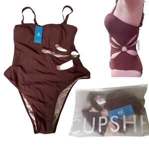 NEW Cupshe SWIMSUIT Women's MED Brown Square Neck Petal Cutout One PC Swimsuit